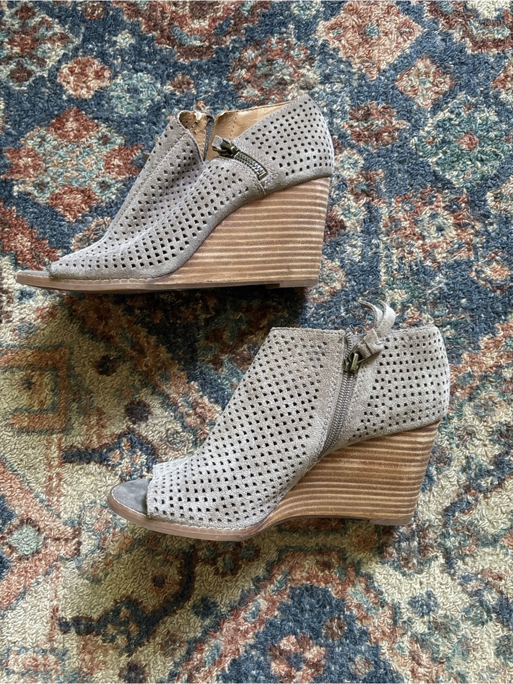 Lucky Brand Taupe Perforated Wedge Peep-Toe Booties
